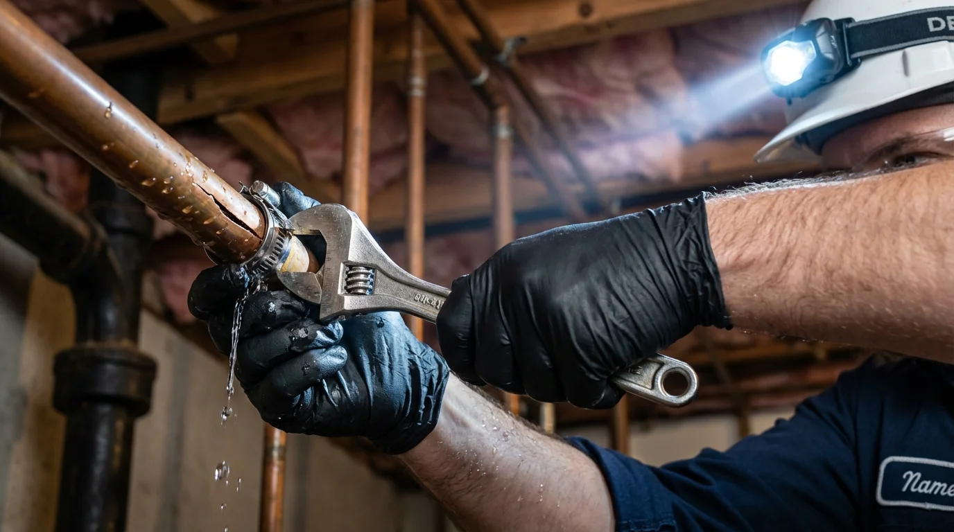 Emergency pipe clamp repair being performed by a Johns Plumbing LLC plumber in Ehrenberg