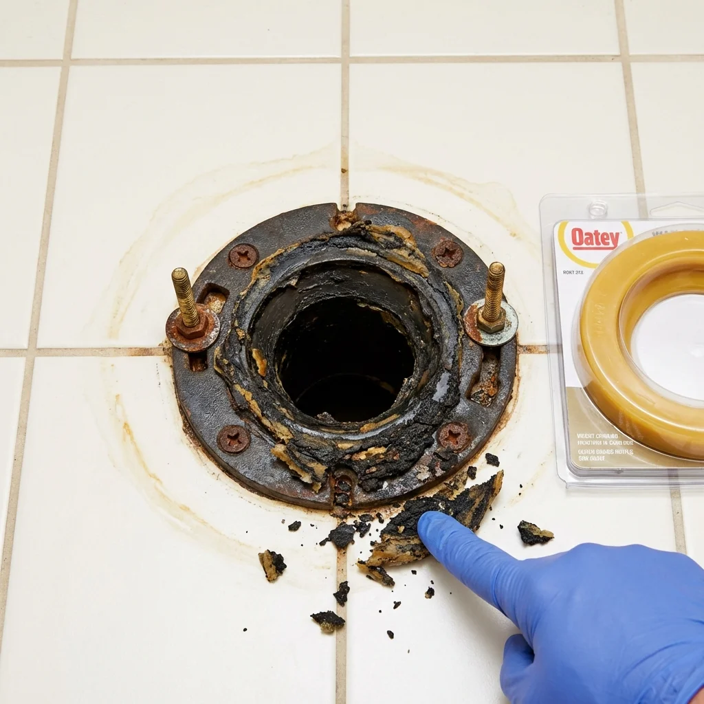 Failed wax ring showing water seepage at the base of a toilet in a Ehrenberg, AZ home