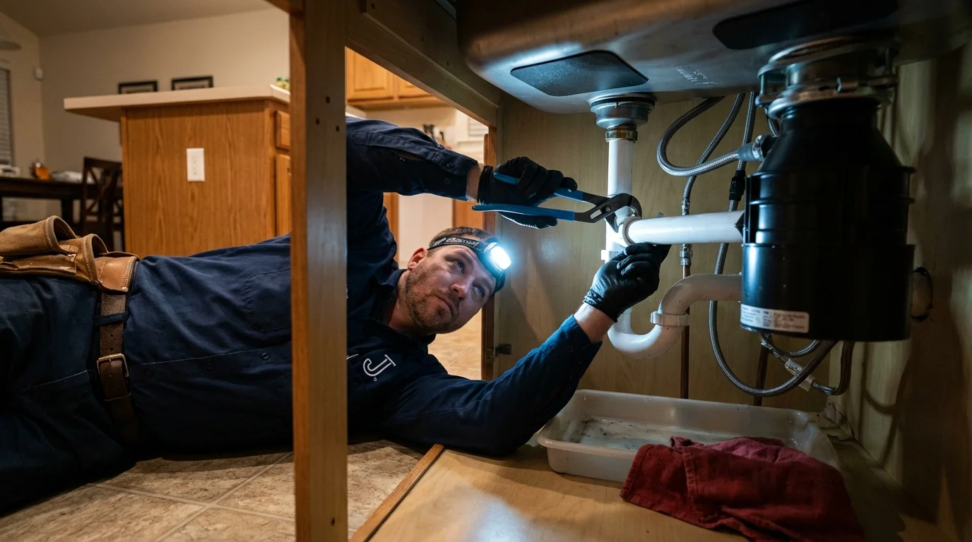 P-trap and supply line connections under a kitchen sink showing a common leak point in Ehrenberg, AZ